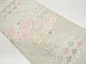 服部織物製　流水に地紙・牡丹・鴛鴦模様織出し袋帯